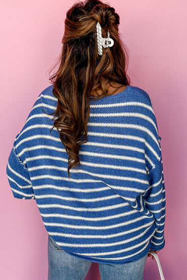 Chic sky blue striped plus size sweater with drop shoulder design