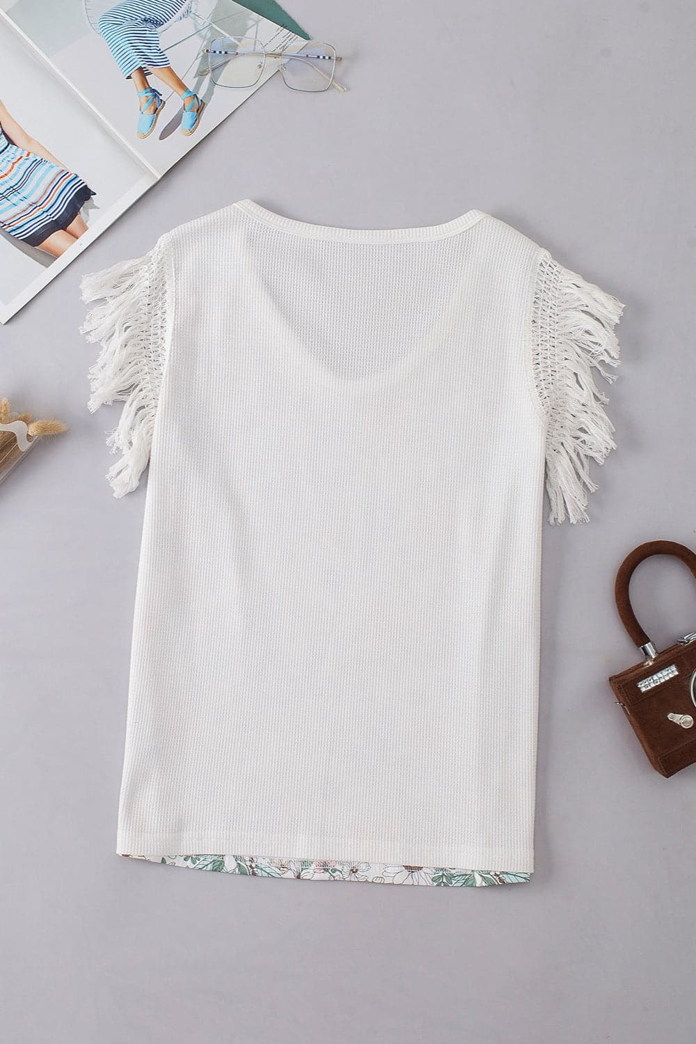 Fringe Printed V-Neck Top.