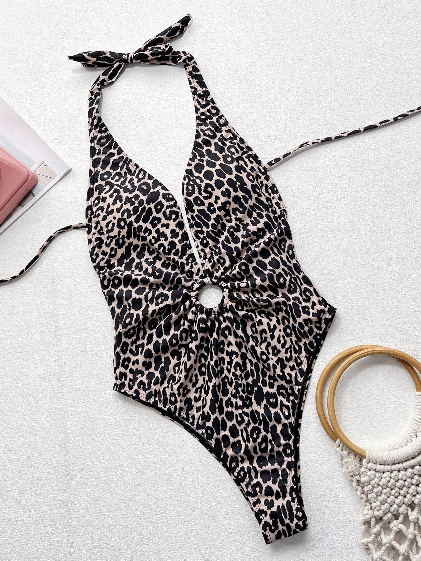 Leopard Halter Neck Ring Detail One-Piece Swimsuit.