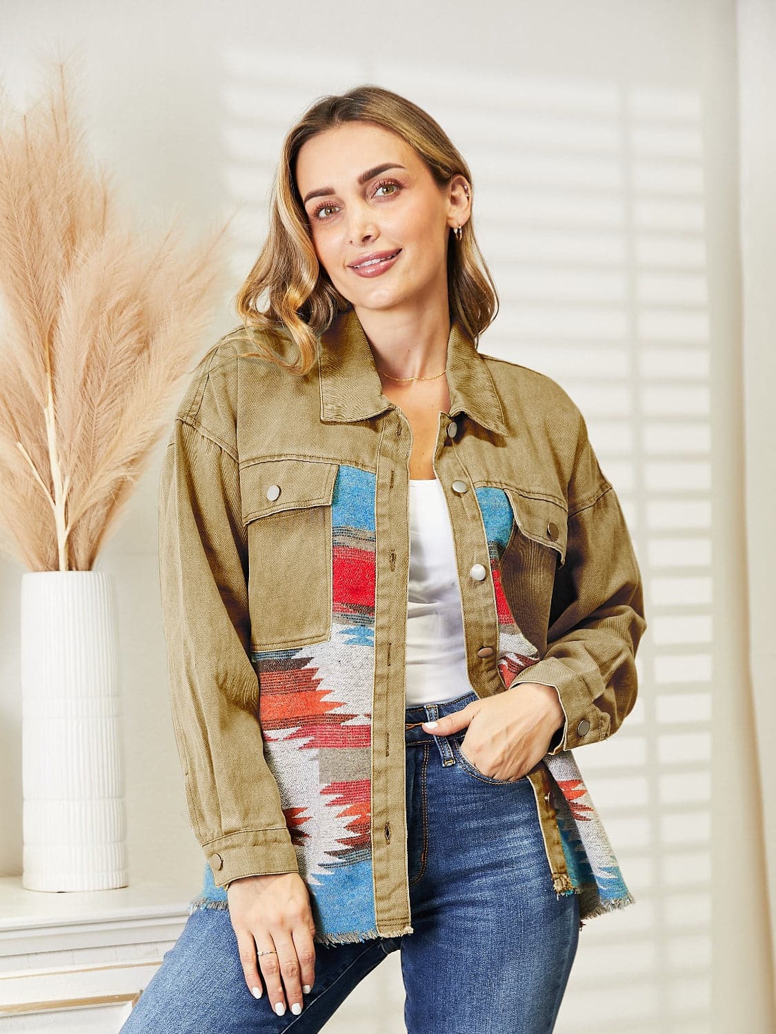 Dropped Shoulder Long Sleeve Printed Denim Jacket.