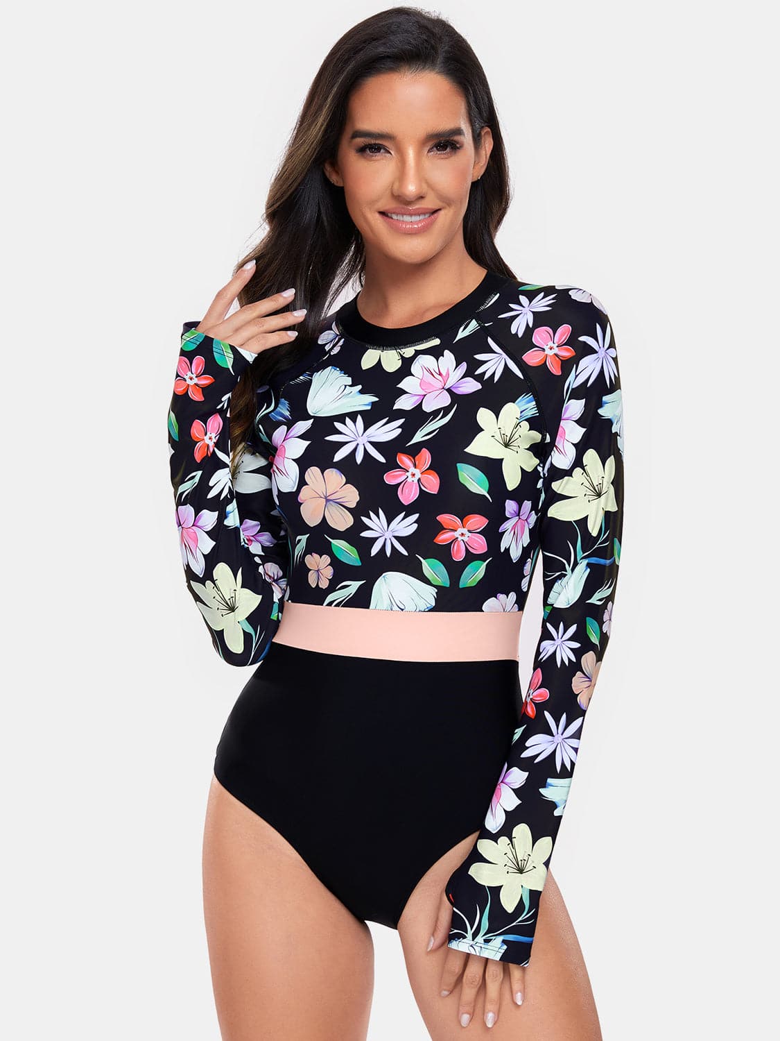 Flower Round Neck Long Sleeve One-Piece Swimwear.