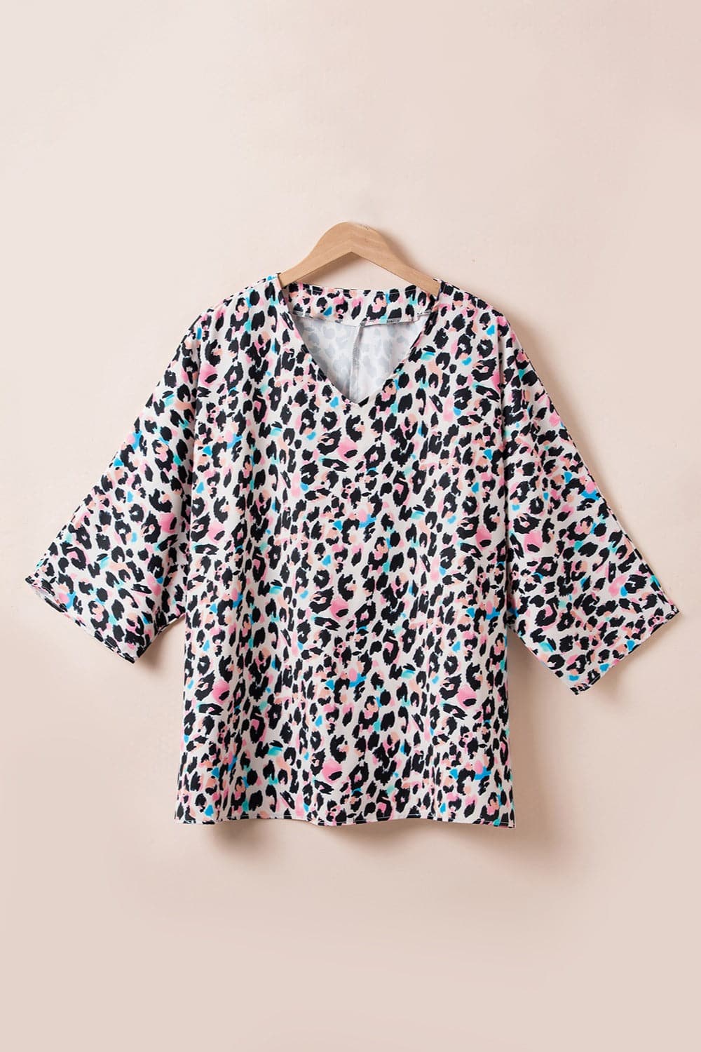 Plus Size Leopard V-Neck Three-Quarter Sleeve Blouse.