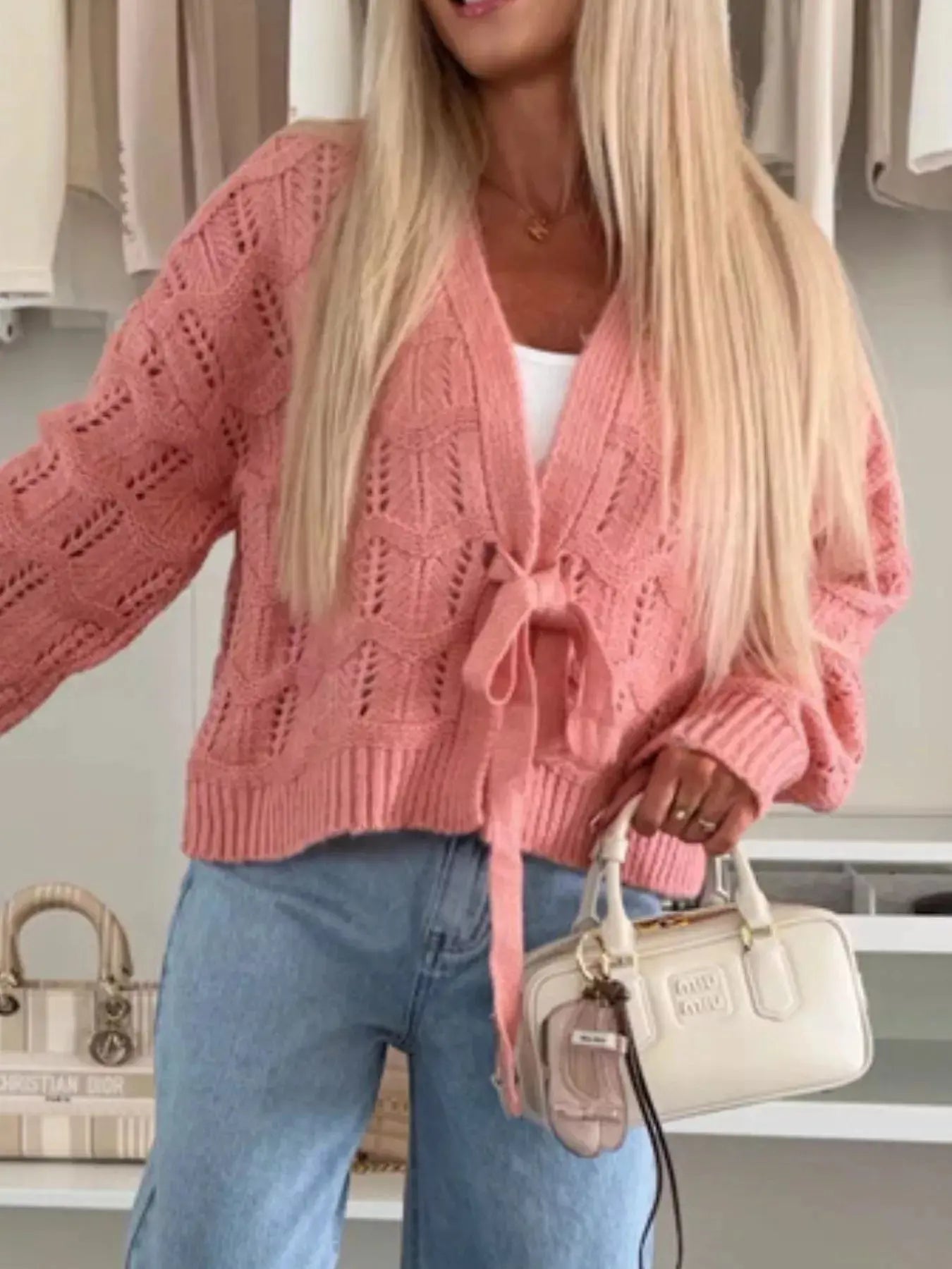 Tie-Front Openwork Cardigan Simply Love