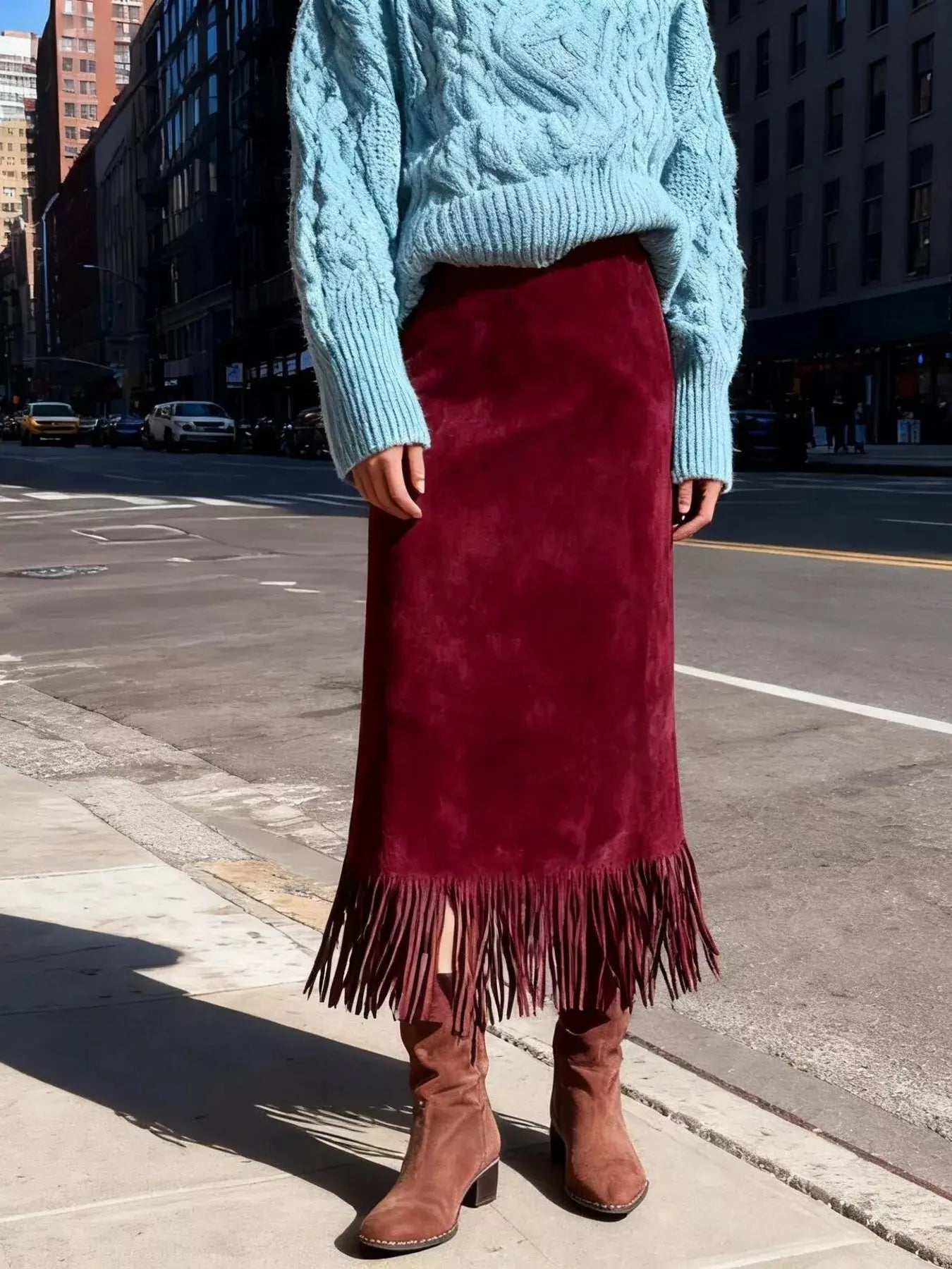 Suede Fringe Midi Skirt Simply Love