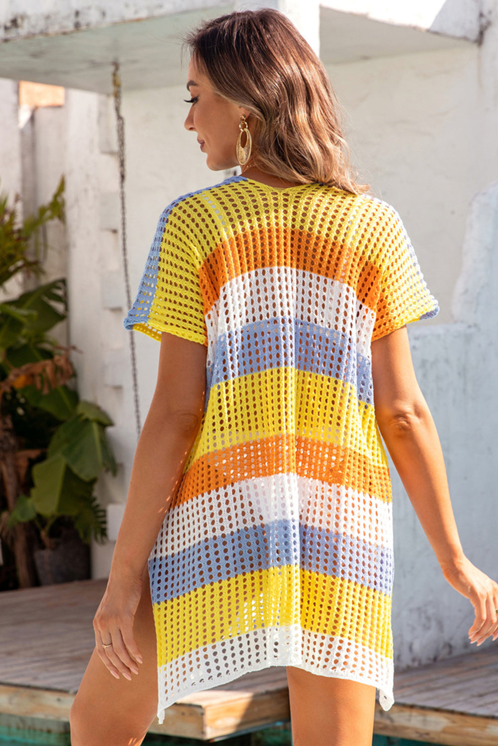 Chic yellow striped v-neck tunic cover-up with stylish hollow knit design