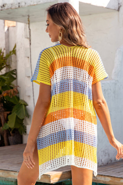 Chic yellow striped v-neck tunic cover-up with stylish hollow knit design