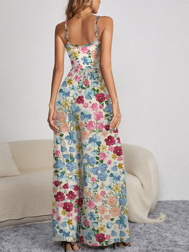 Decorative Button Spaghetti Strap Wide Leg Jumpsuit.