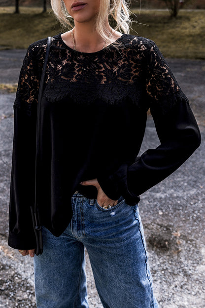 Elegant black lace crochet long sleeve top with O neck design