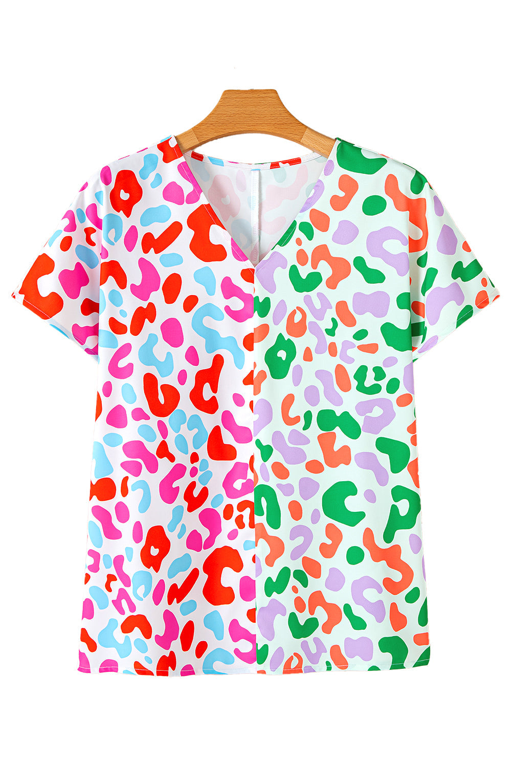 Green Leopard Print Patchwork V Neck Short Sleeve Blouse Divine Design4U