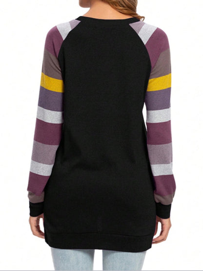 Color Block Round Neck Long Sleeve T-Shirt.