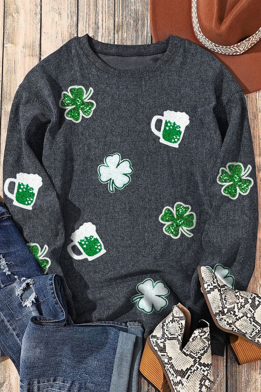 Lucky Clover Beer Sequin Round Neck Sweatshirt.