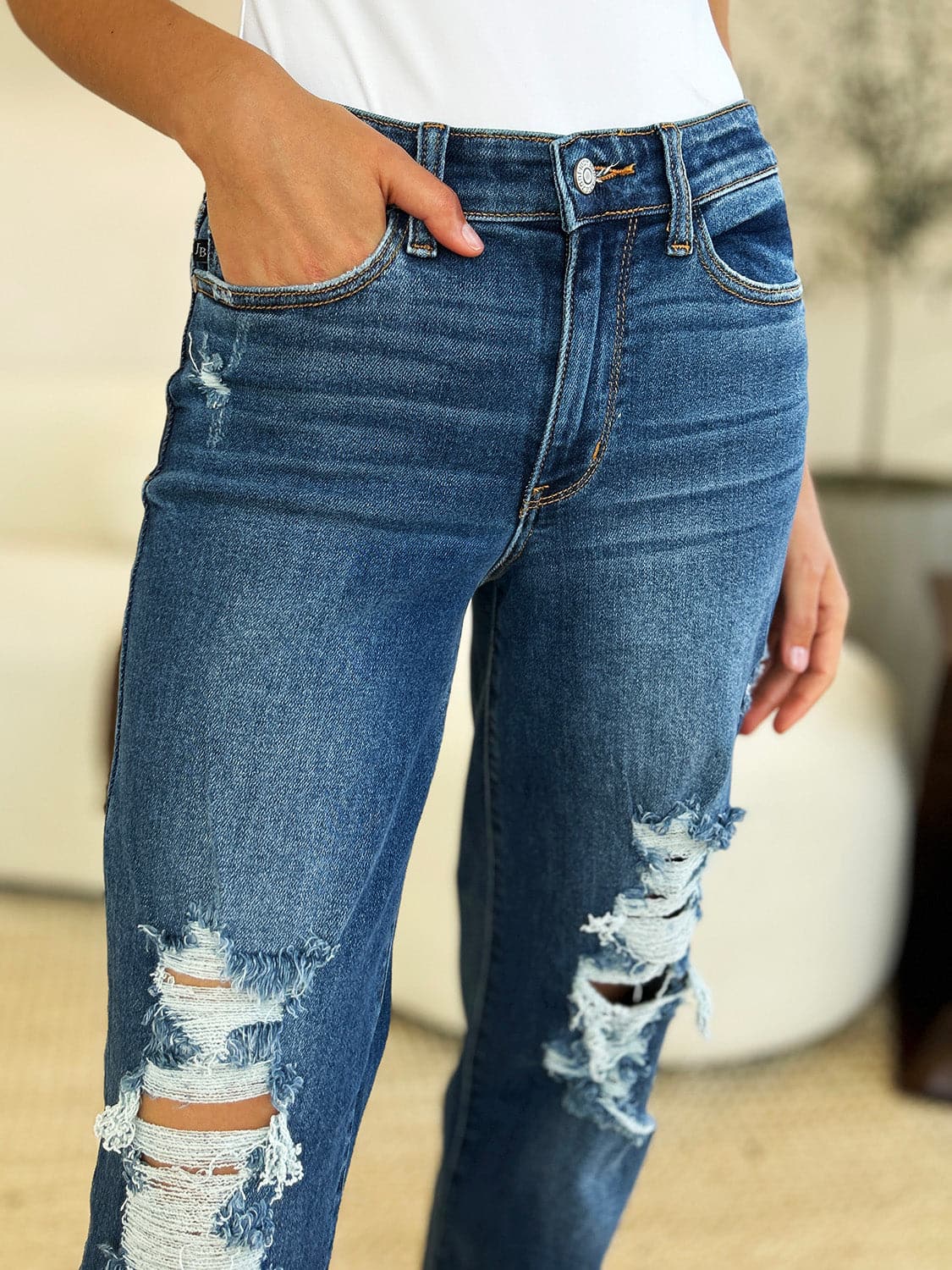 Judy Blue Full Size Mid Rise Distressed Raw Hem Jeans.