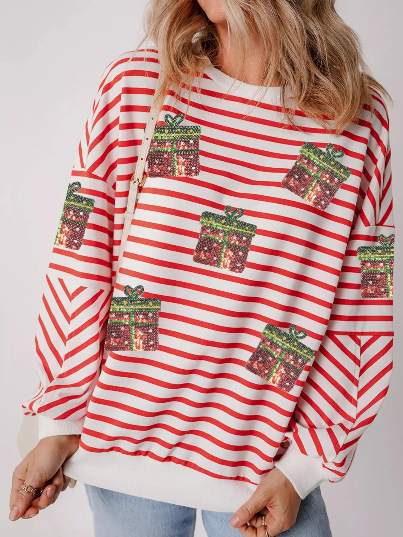 Stripe Sequin Christmas Gift Patched Drop Shoulder Sweatshirt Simply Love