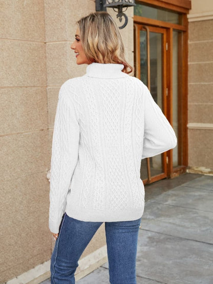 Cable-Knit Mock Neck Sweater.