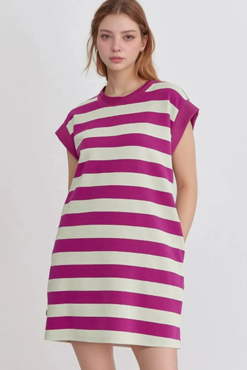 Stripe Cap Sleeve Pocketed Shift Tee Dress Simply Love