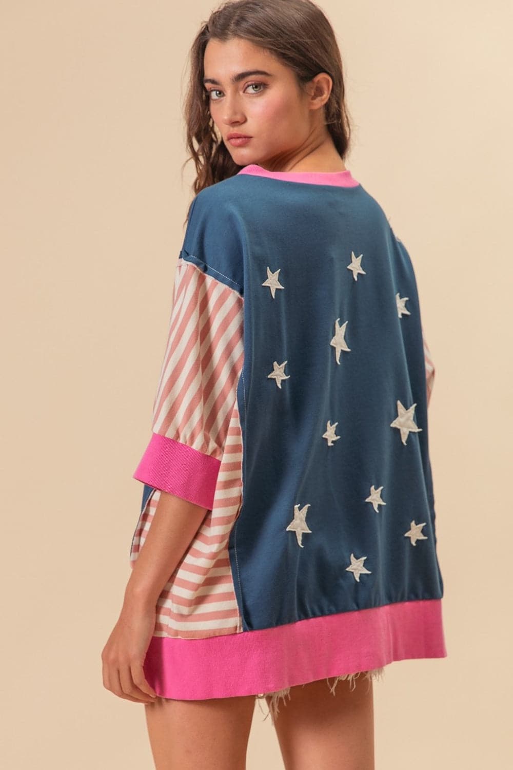 BiBi US Flag Theme Color Block Star Patch T-Shirt.