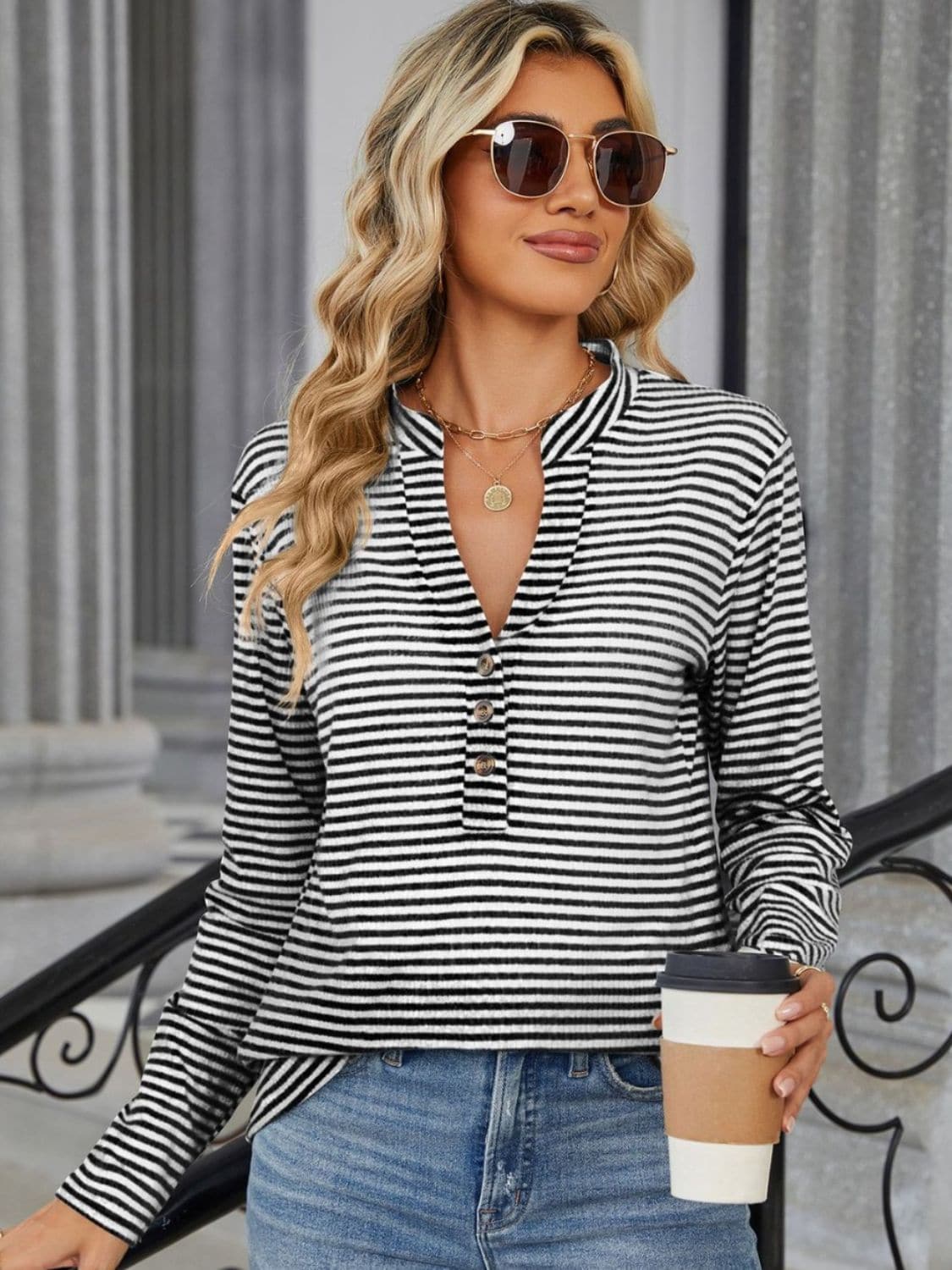 Striped Notched Long Sleeve T-Shirt.