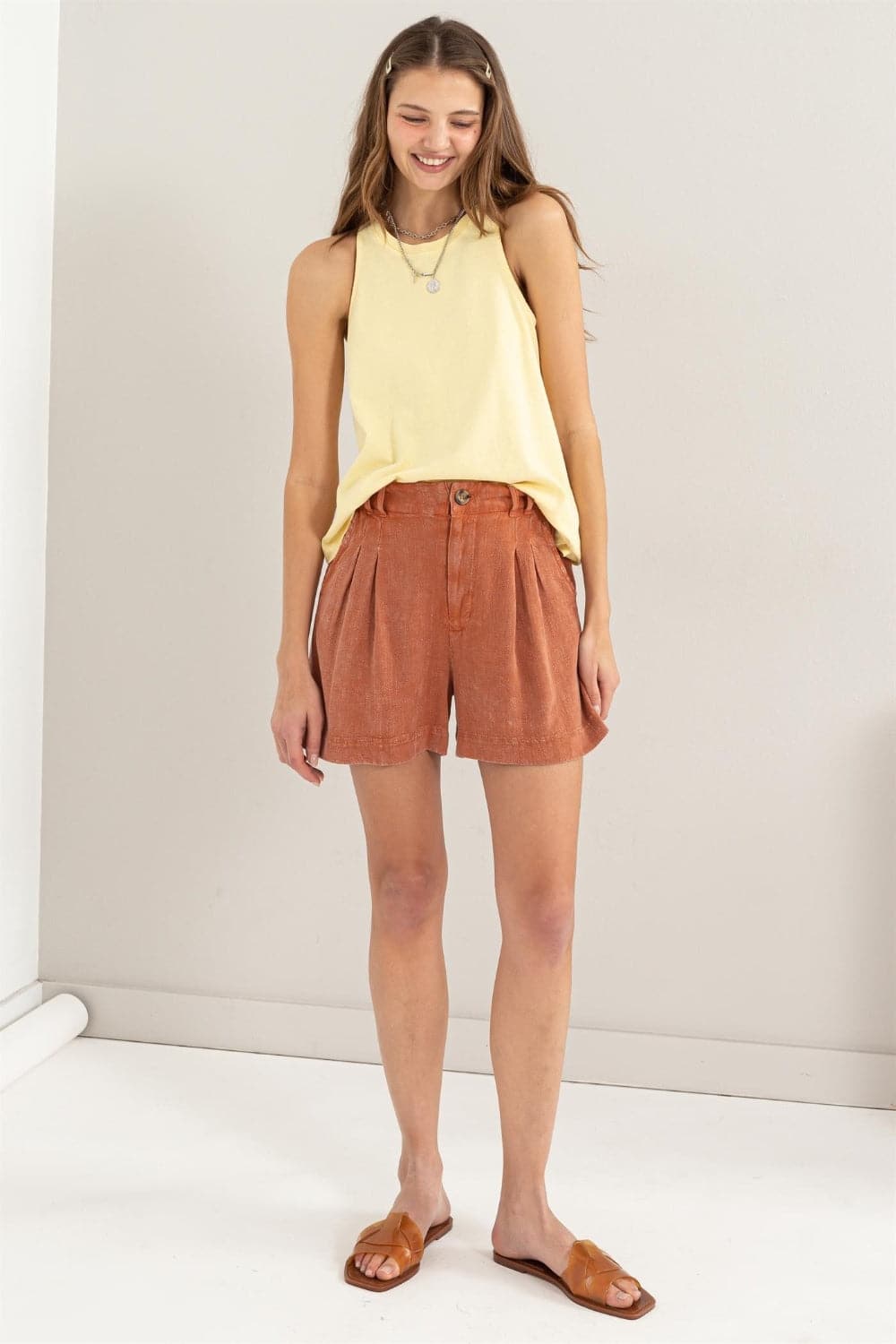 HYFVE High Waist Pleated Linen Shorts.