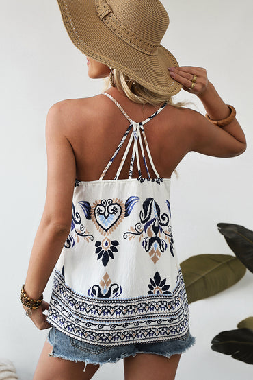 Blue Bohemian Fashion Print Spaghetti Straps Loose Tank Top