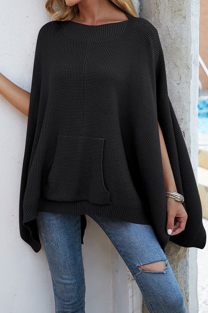 Waffle-Knit Pocketed Cape Sleeve Sweater.