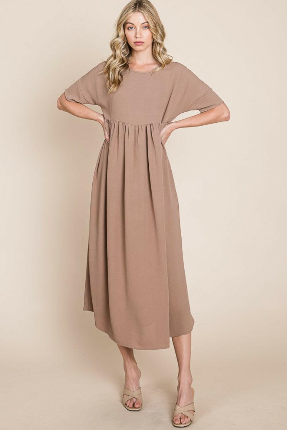 BOMBOM Round Neck Ruched Midi Dress.