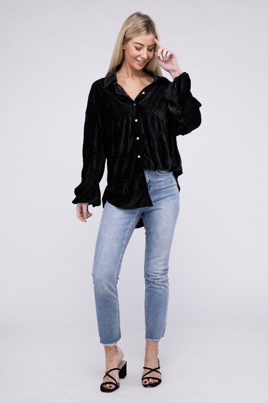 Wrinkle effect velvet shirt