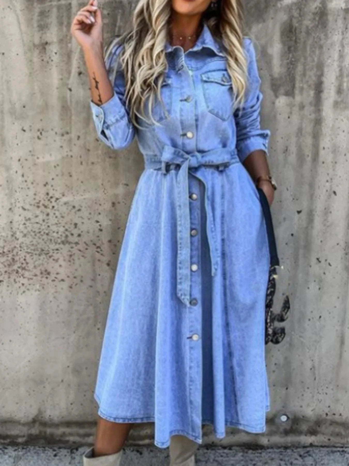 Full Size Tie Waist Button Front Denim Shirt Dress Plus Size Coco’s Tee Boutique