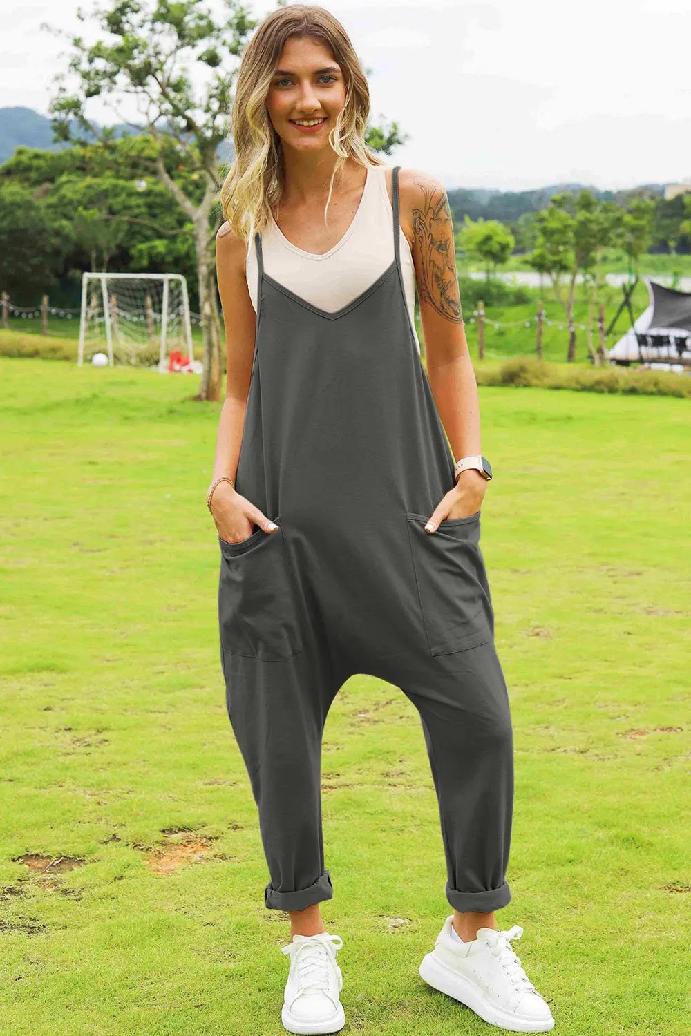 Double Take Full Size Sleeveless V-Neck Pocketed Jumpsuit - Love Salve