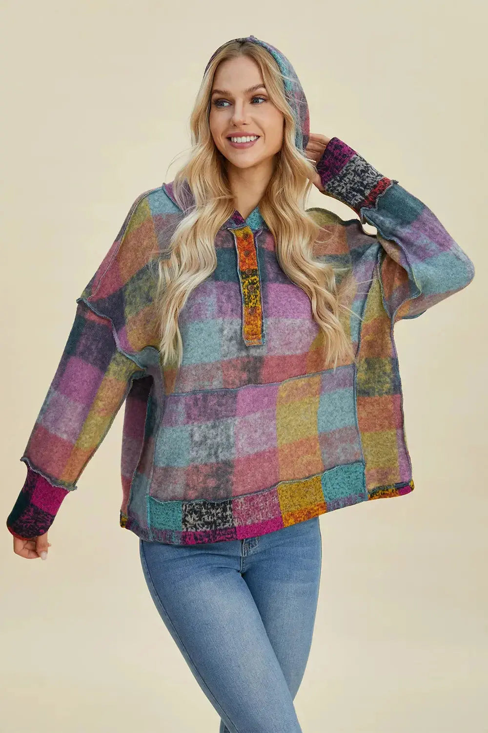 Double Take Full Size Plaid Dropped Shoulder Fleece Hoodie - Love Salve
