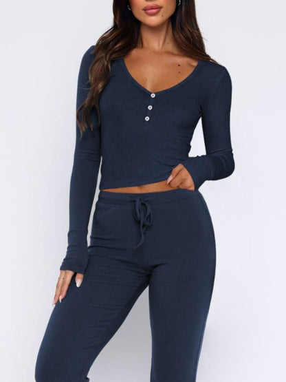 Chic V-neck long sleeve top and matching pants set