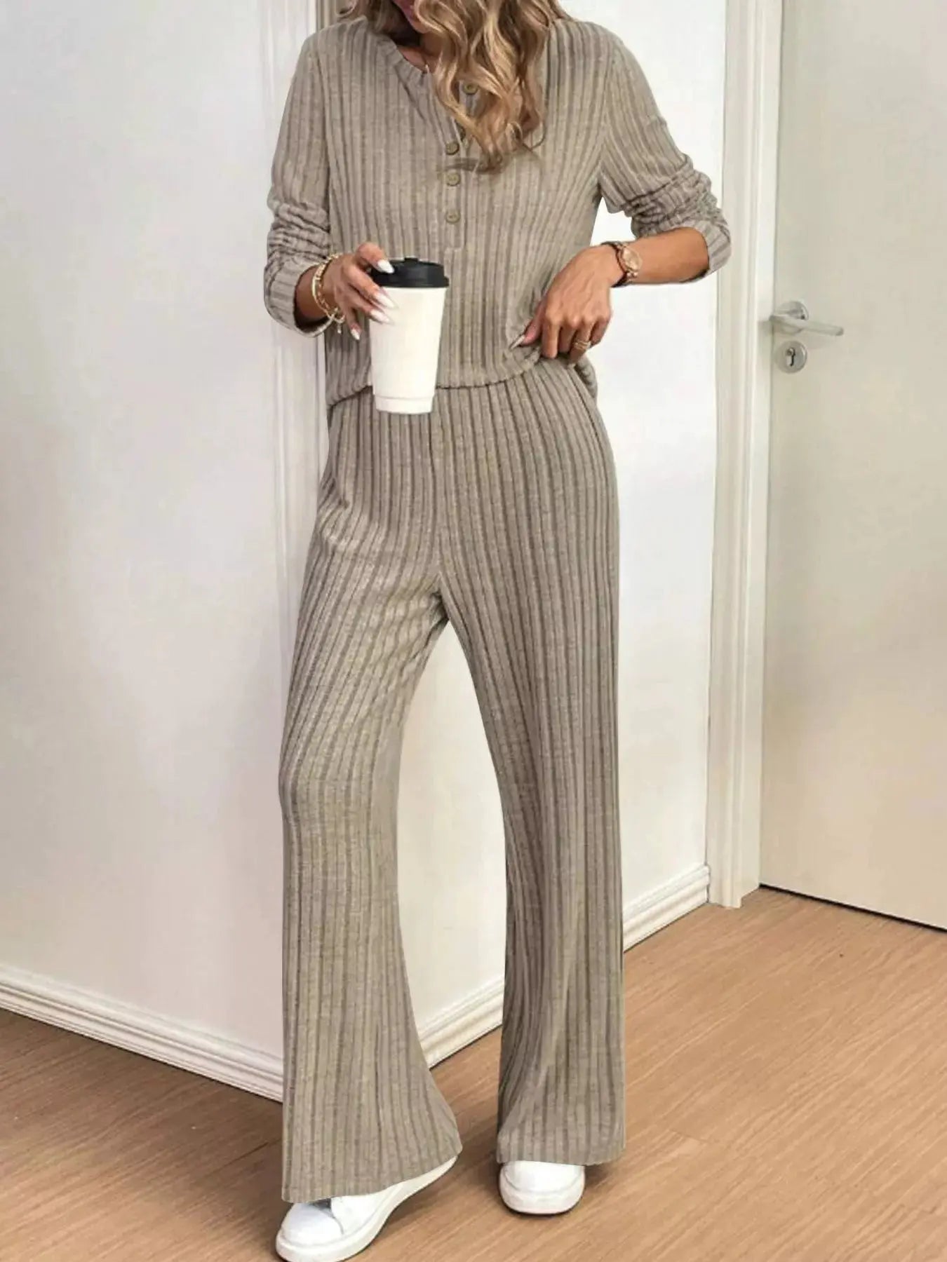 Plus Size Ribbed Knit Button-Front Top and Pants Set Simply Love