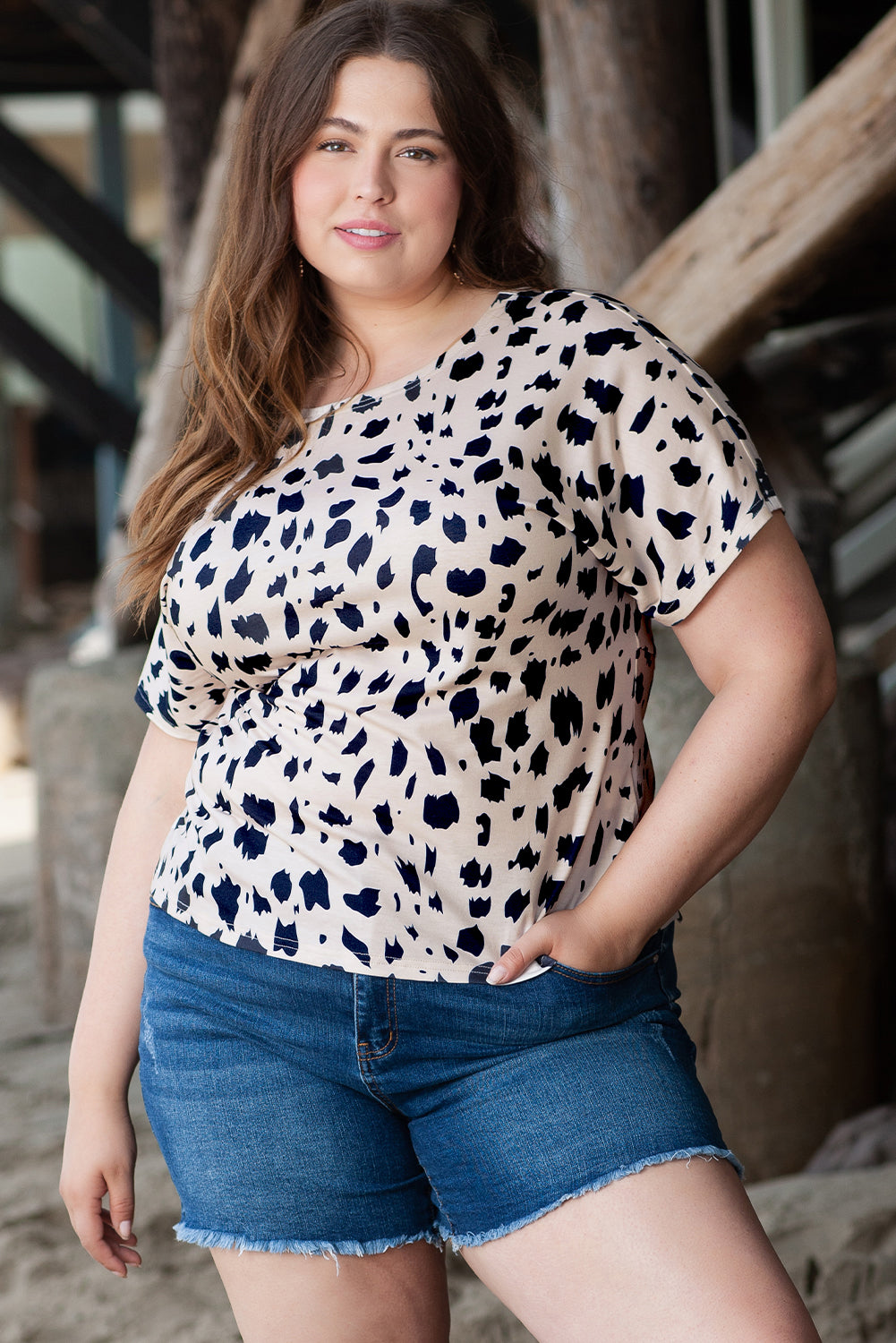 Khaki twist-back leopard print plus size top