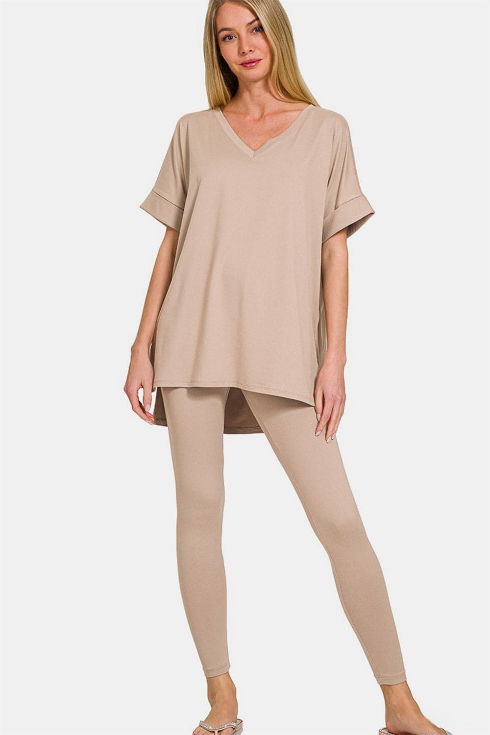 Zenana Full Size V-Neck Rolled Short Sleeve T-Shirt and Leggings Lounge Set.