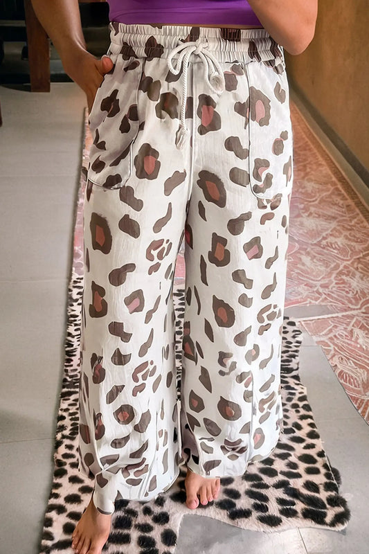 Beige Leopard Print Patch Pocket Drawstring Loose Pants Dear-Lover Dropshipping