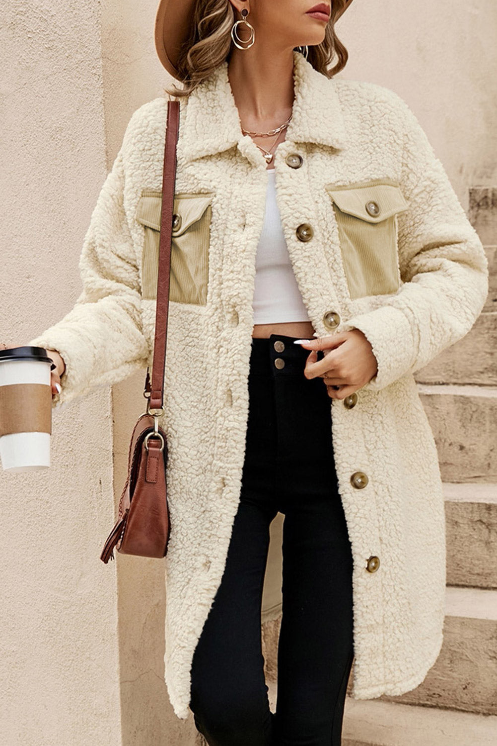 Beige Teddy Coat with Contrast Flap Pockets and Single Breasted Design