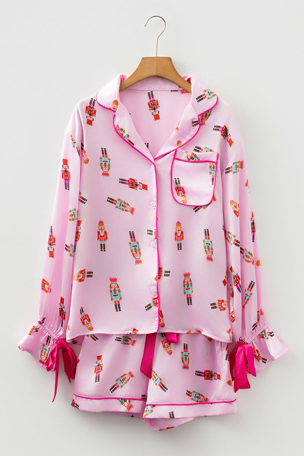 Pink Nutcracker Print Two Piece Pajama Set Contrast Trim Bow