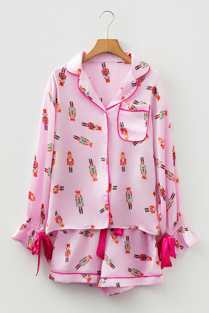 Pink Nutcracker Print Two Piece Pajama Set Contrast Trim Bow