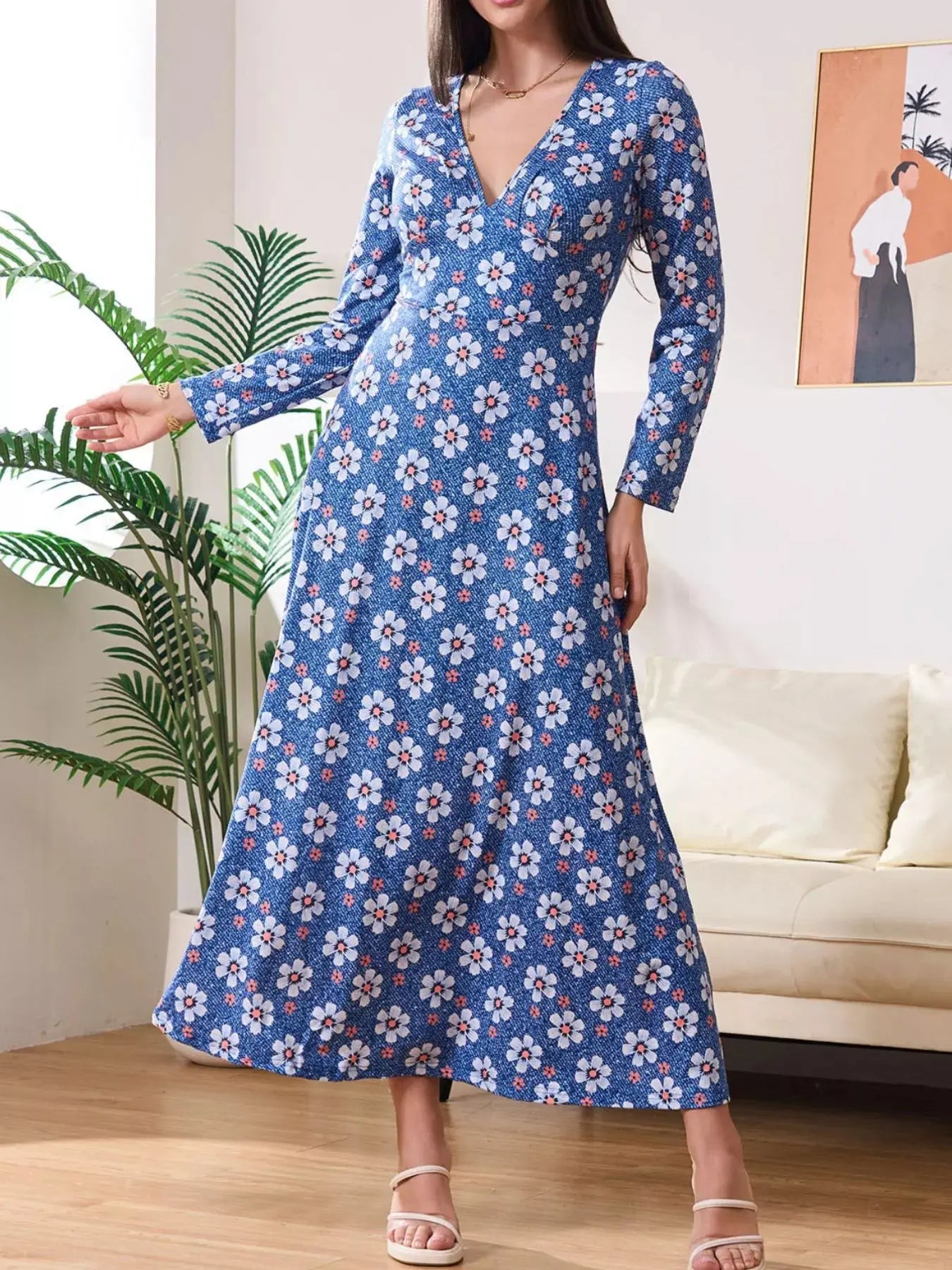 Floral Print V-Neck Long Sleeve Midi Dress Simply Love