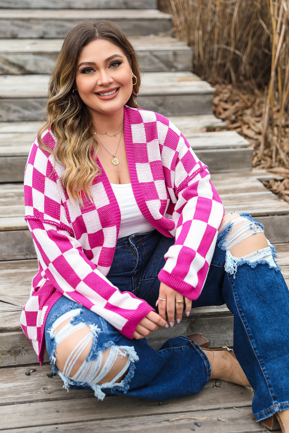 Stylish checkered open front cardigan for plus sizes