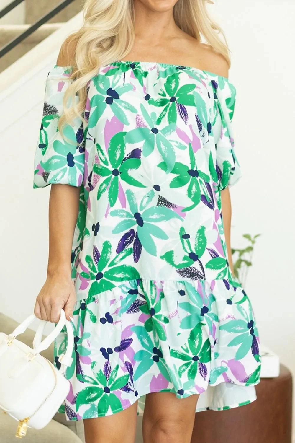 Floral Print Shirred Square Neck Loose Fit Mini Dress Simply Love