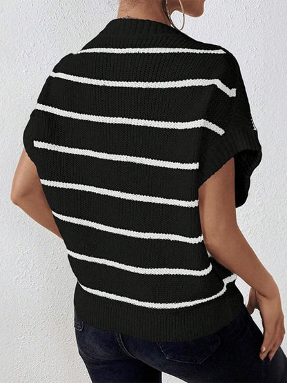 Striped Round Neck Short Sleeve Knit Top.