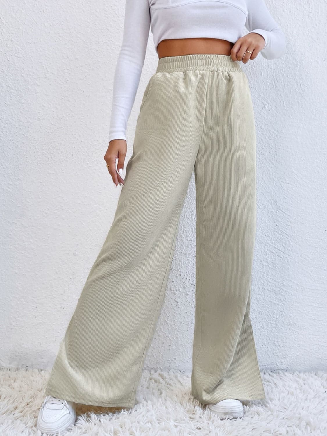 Slit Pocketed High Waist Wide Leg Pants.