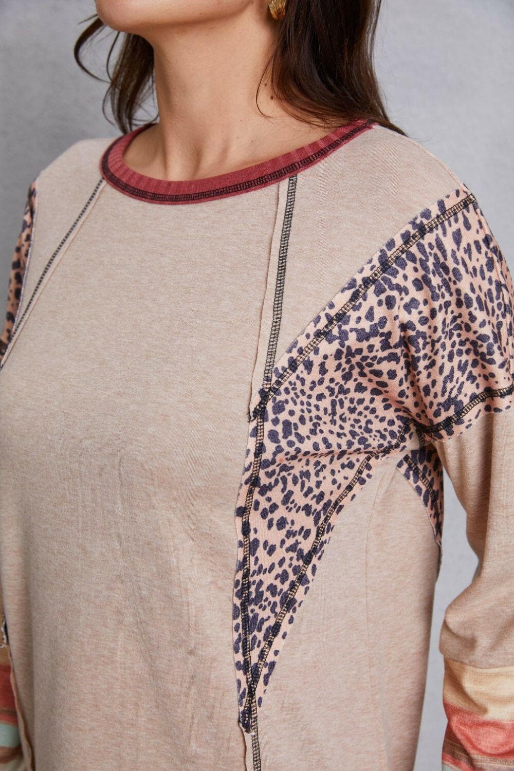 Contrast Stitching Leopard Long Sleeve Blouse.