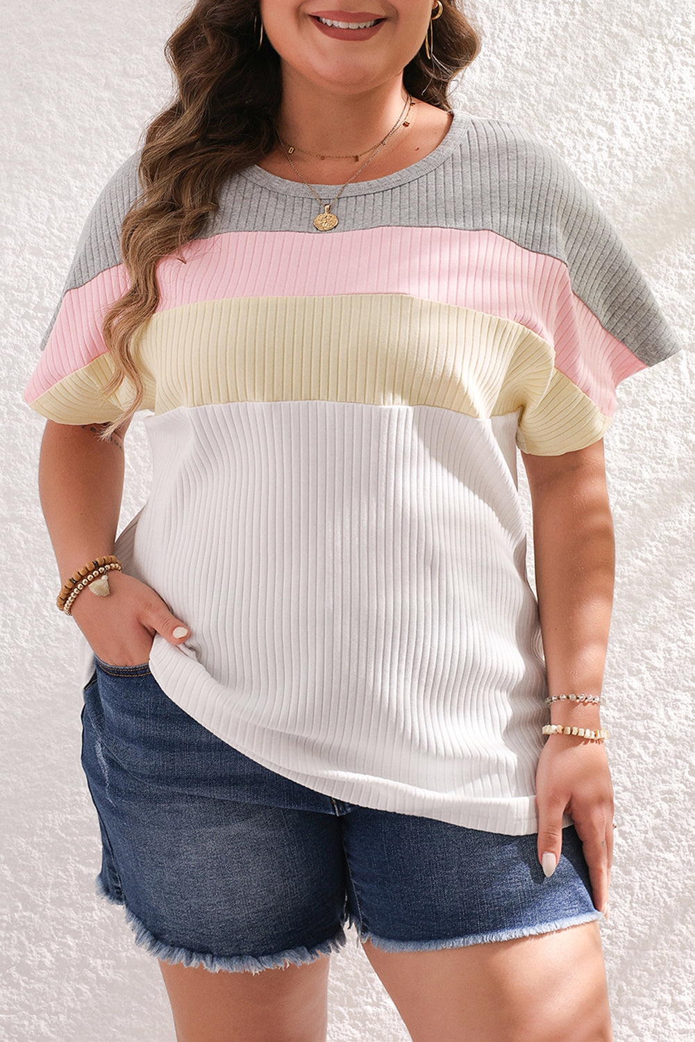 Chic white colorblock batwing sleeve ribbed plus size tee