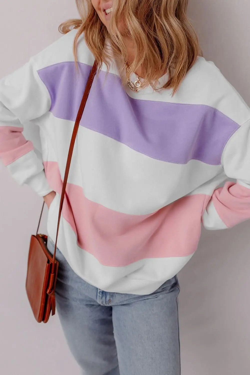 Beige Colorblock Patchwork Drop Shoulder Crewneck Sweatshirt - Love Salve 
