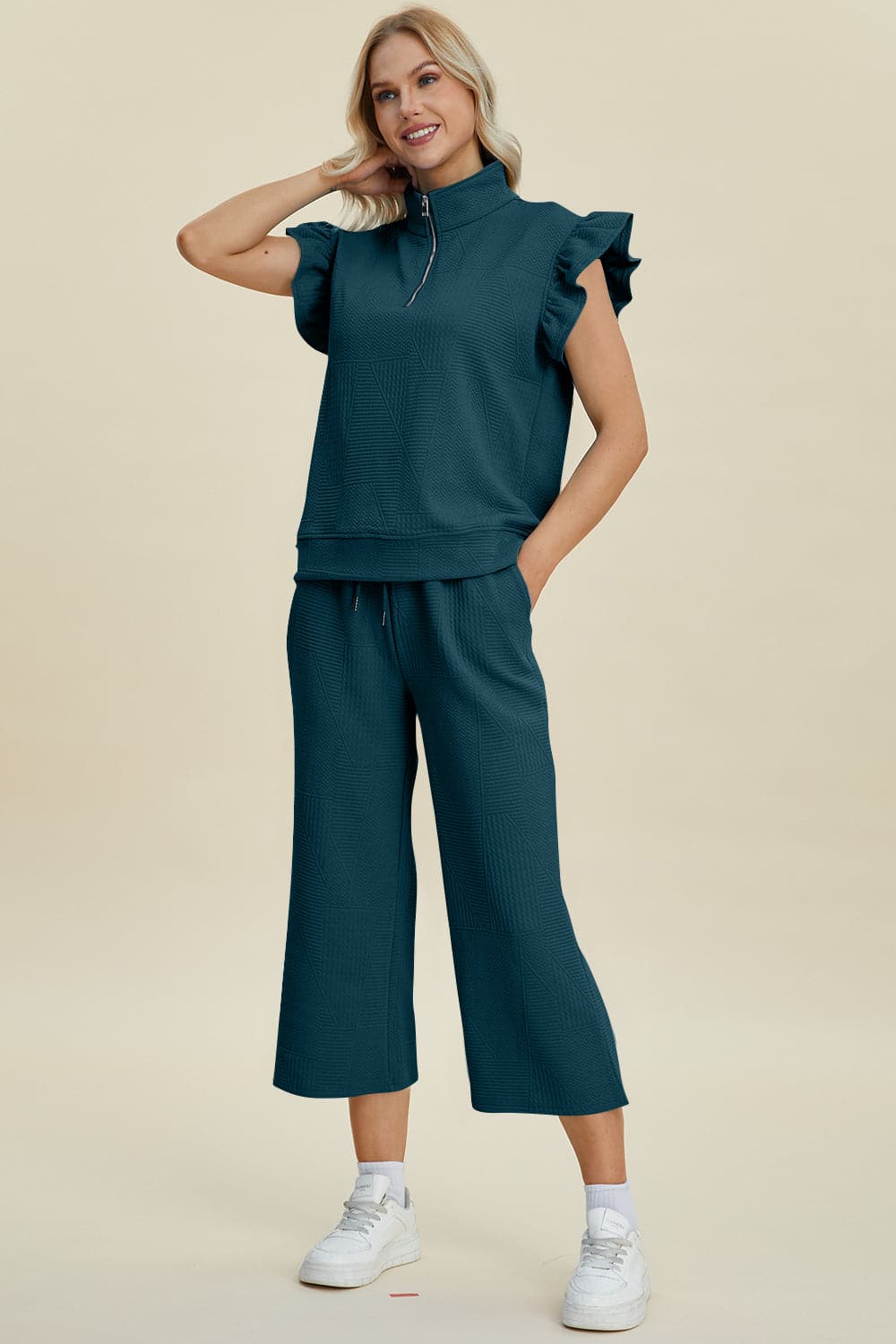 Double Take Full Size Texture Ruffle Short Sleeve Top and Wide Leg Pants Set.