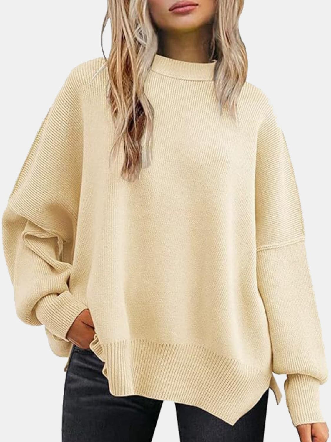 Round Neck Drop Shoulder Slit Sweater.