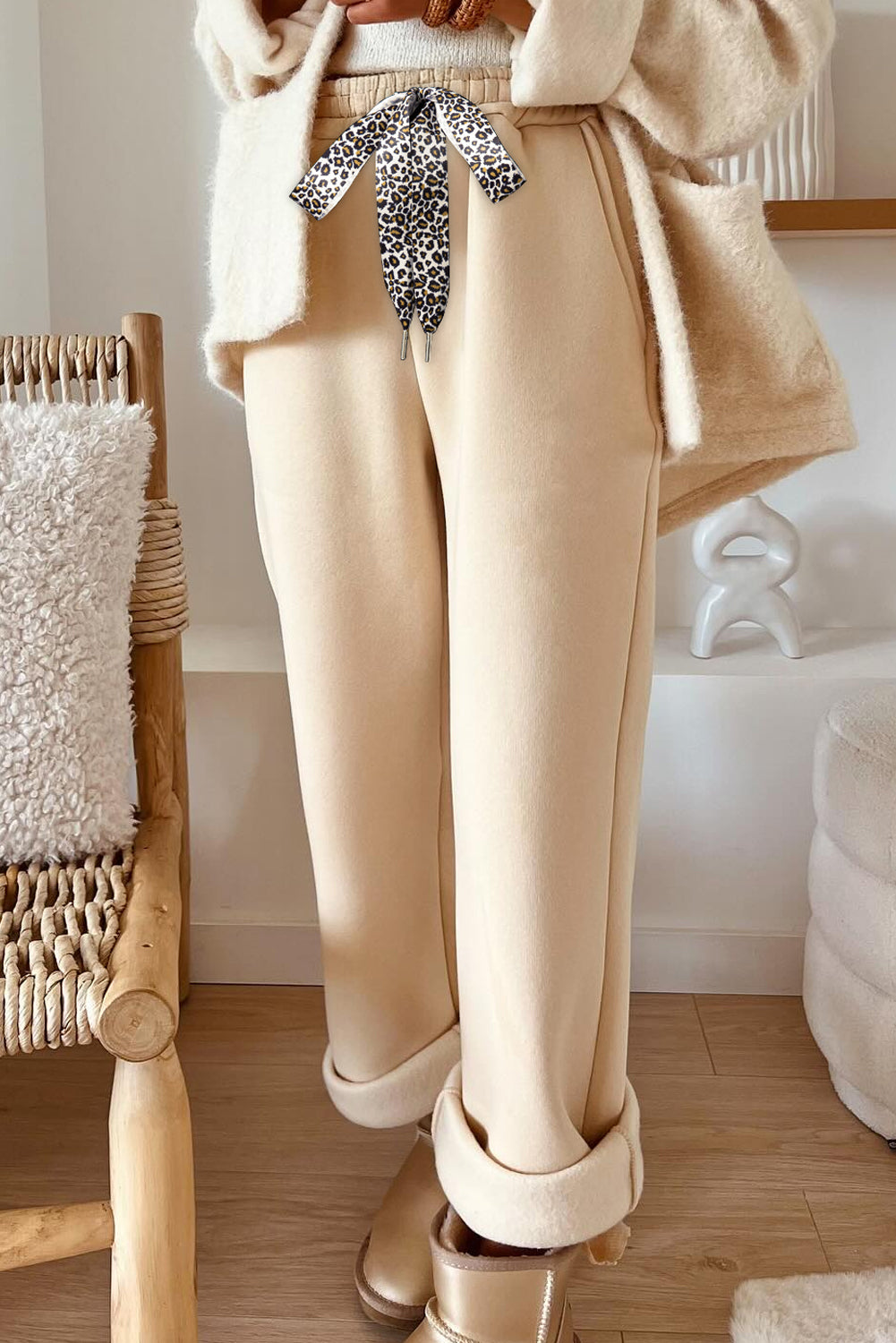 Oatmeal Fleece Lined Leopard Print Drawstring Waist Pants Dear-Lover Dropshipping