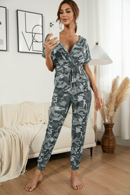 Surplice Neck Tied Short Sleeve Jumpsuit.