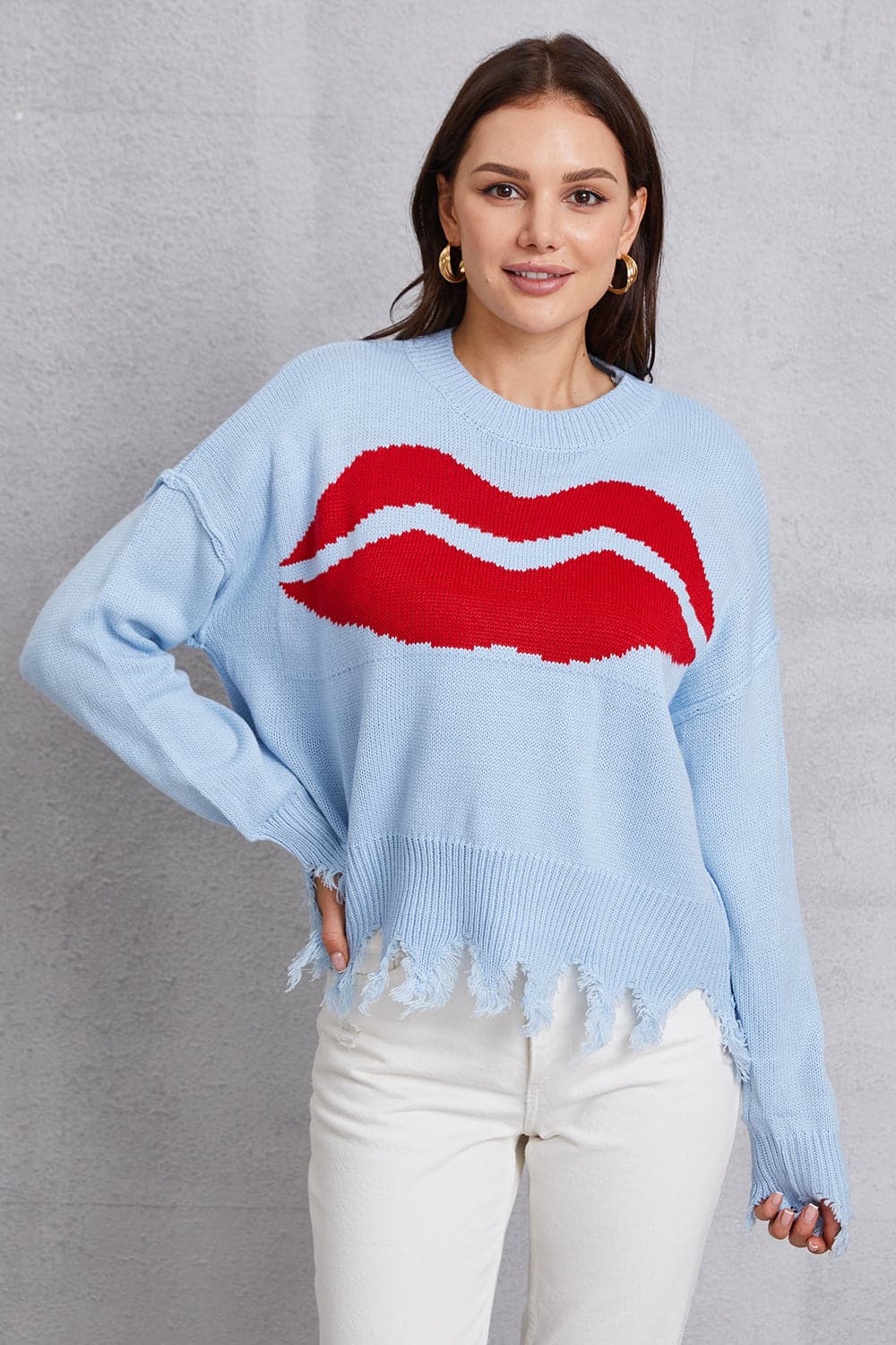 Lip Fringe Round Neck Sweater.